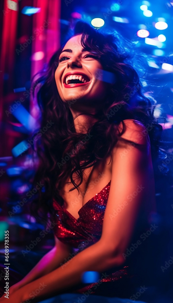 Whimsical Italian woman in red blue purple mod fashion with smoked eye shadow and dark wavy hair, laughing while sitting in a night club, bokeh background, generative ai