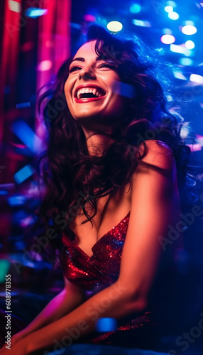 Whimsical Italian woman in red blue purple mod fashion with smoked eye shadow and dark wavy hair, laughing while sitting in a night club, bokeh background, generative ai