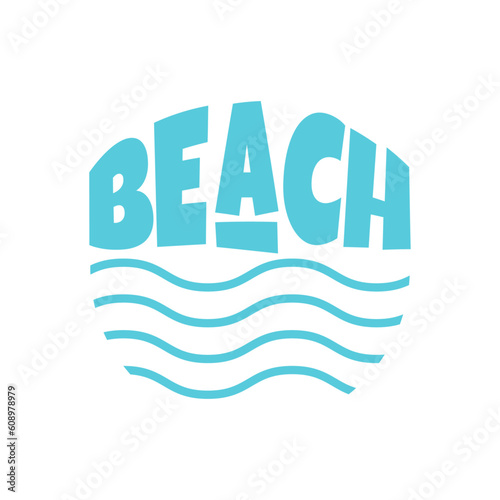 Logo vacaciones de verano. Letras de la palabra beach con letras estilo hawaiano con olas de mar con forma de círculo