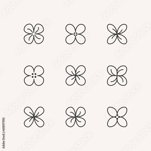 Canola, mustard symbol. Production of biofuel, oil, mixed feed, cosmetics, detergent. Flower emblem. Set of 6 geometric shape.
