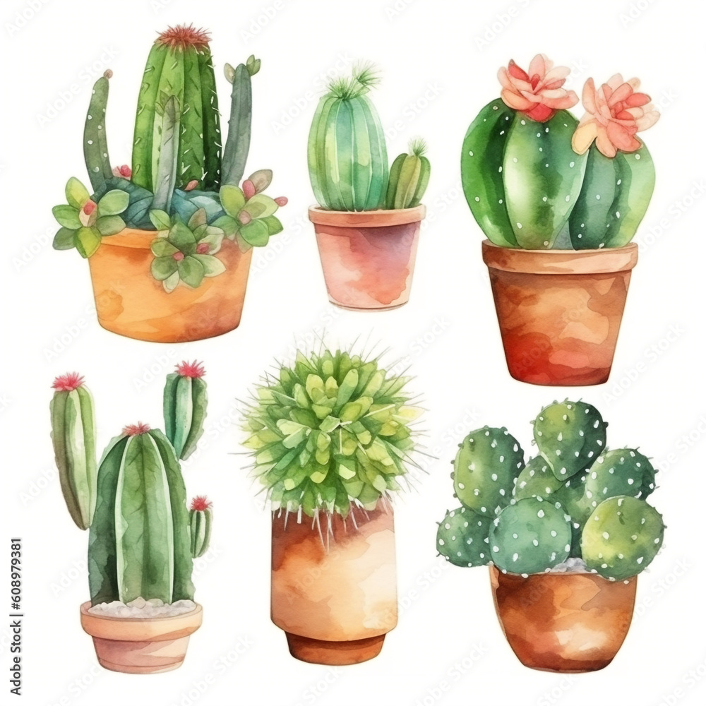 Watercolor cactus in a pot on white background. Botanical home garden. Natural green leaves collection of plants. Ai generative. Watercolor cactus in a pot on white background. Botanical home garden. Natural green leaves collection of plants. Ai generative.