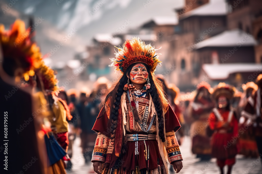 A woman dressed in native clothing walking down a street. Generative AI. Qoyllur Rit'i in Cusco, Peru.