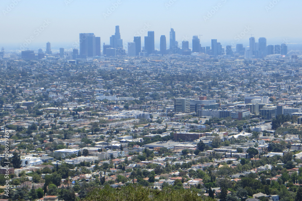 View of the Downtown Los Angeles Skyline, from the Griffith Observatory in Los Angeles, California, USA.