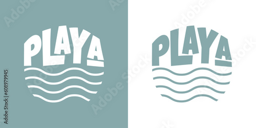 Logo vacaciones de verano. Letras de la palabra playa con letras estilo hawaiano en español con olas de mar con forma de círculo