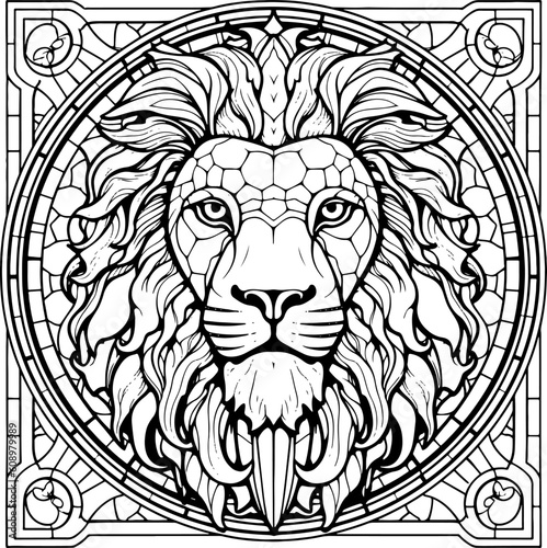  Stained glass window of a lion line art vector. black and white