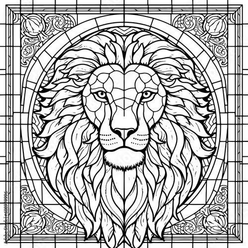  Stained glass window of a lion line art vector. black and white