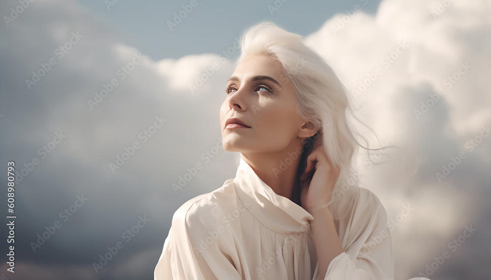 A beautiful middle age woman with white hair sitting in front of clouds looking to sky, copy space, template, generative ai A beautiful middle age woman with white hair sitting in front of clouds looking to sky, copy space, template, generative ai