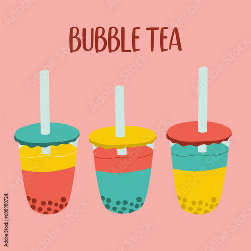 Illustration of vector graphics of a drink. A set of different Bubble tea. Vector illustration