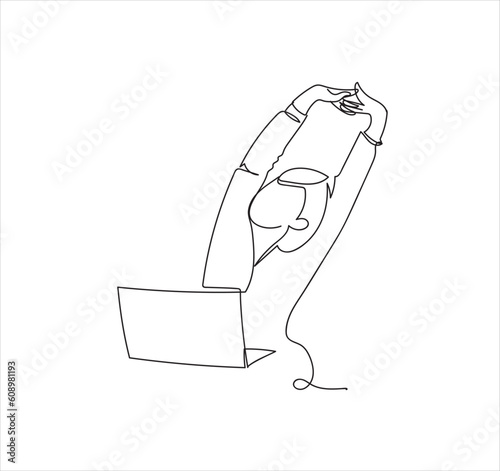 Continuous one-line drawing of female employee stretching at office business vector illustration 