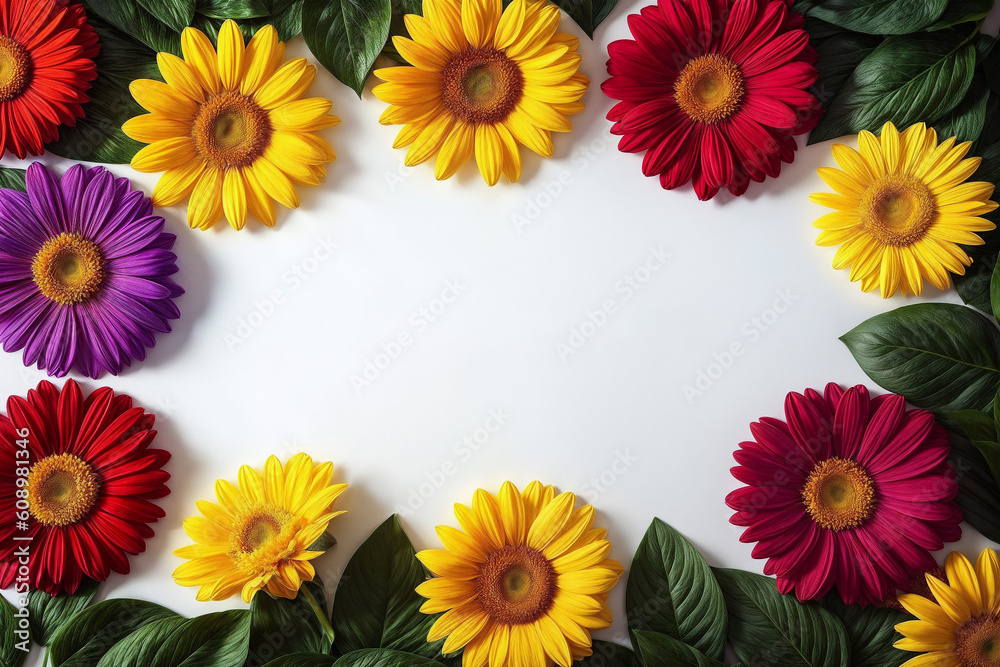 Frame made of beautiful gerbera flowers on white background, top view, copy space. AI generated Frame made of beautiful gerbera flowers on white background, top view, copy space. AI generated
