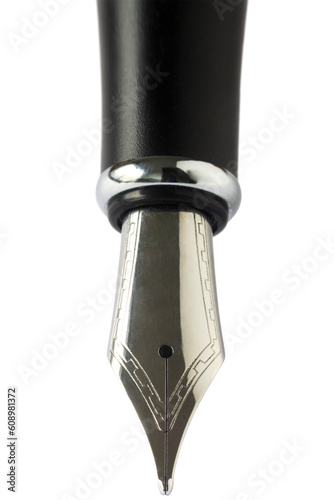 cut out vertical close up of a silver fountain pen nib