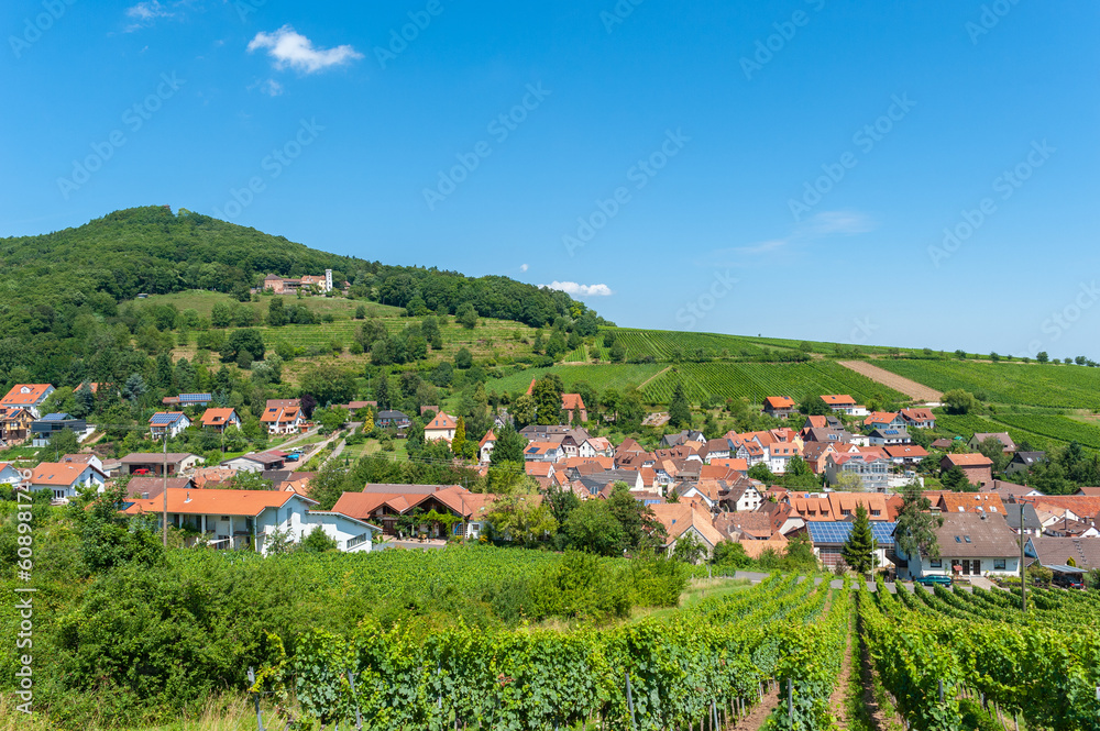 Weinberglandschaft mit Ortsbild von Leinsweiler, im Hintergrund der Slevogthof. Region Pfalz im Bundesland Rheinland-Pfalz in Deutschland