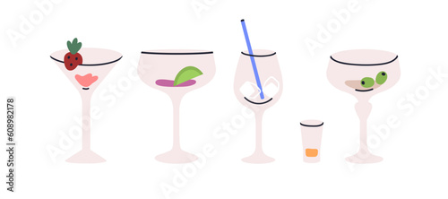 Alcohol cocktail in glasses set. Tropical summer refreshments, drinks with fruit, berry, ice cubes, straw decoration. Cold boozy beach beverages. Flat vector illustrations isolated on white background