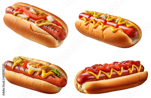 Four different delicious hot dogs on a transparent background, Generative AI