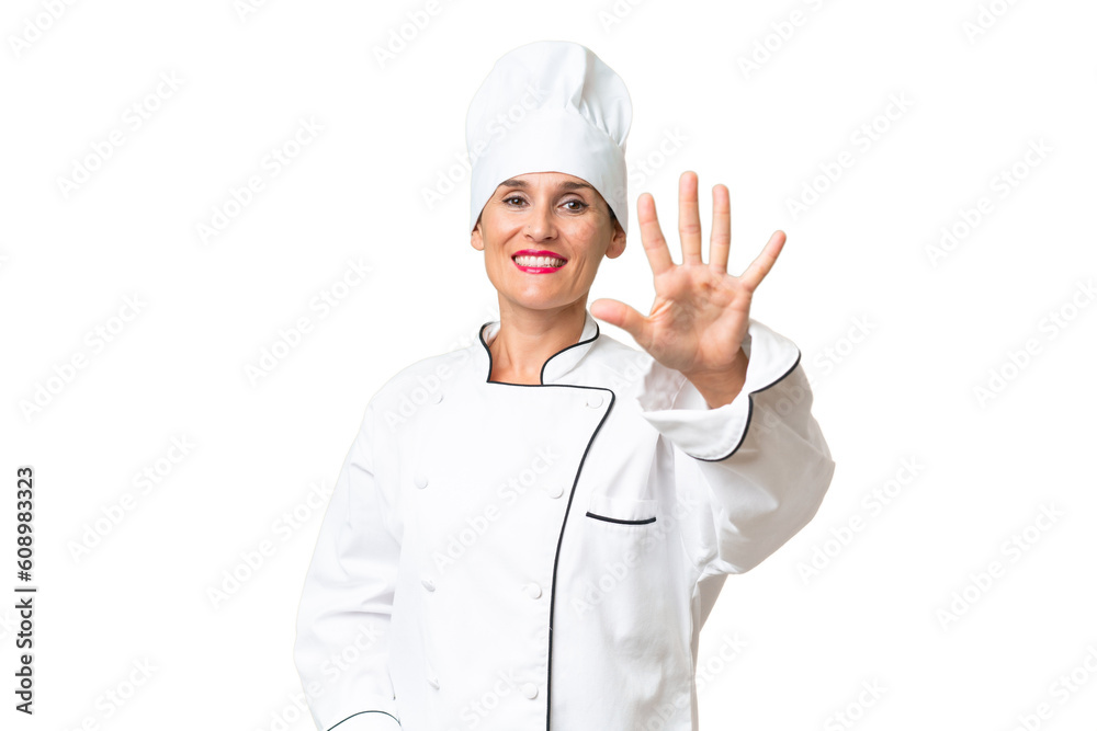 Middle-aged chef woman over isolated background counting five with fingers Middle-aged chef woman over isolated background counting five with fingers