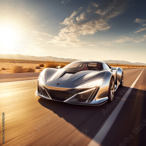 car on the road sleek, silver supercar accelerating down the landing strip under the radiant afternoon sun, Generative AI © Tahsin