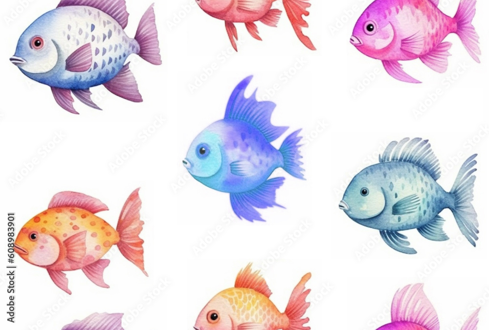 Seamless pattern of colorful fish in watercolor. Generative AI