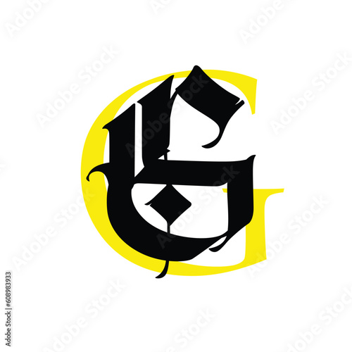 Letter g, in the Gothic style. Vector. Alphabet. The symbol is isolated on a white background. Calligraphy and lettering. Medieval Latin letter. Logo for the company. Monogram. Elegant font for tattoo