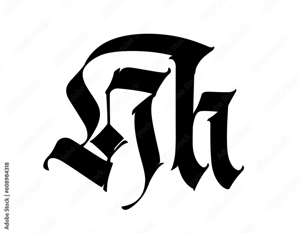 Letter, in the Gothic style. Alphabet. The symbol is isolated on a white background. Calligraphy and lettering. Letter, in the Gothic style. Alphabet. The symbol is isolated on a white background. Calligraphy and lettering.