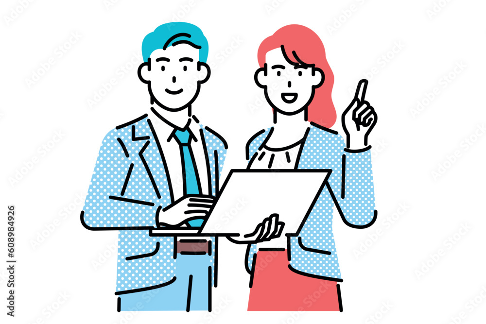 A male and female businessman with a laptop. A male and female businessman with a laptop.