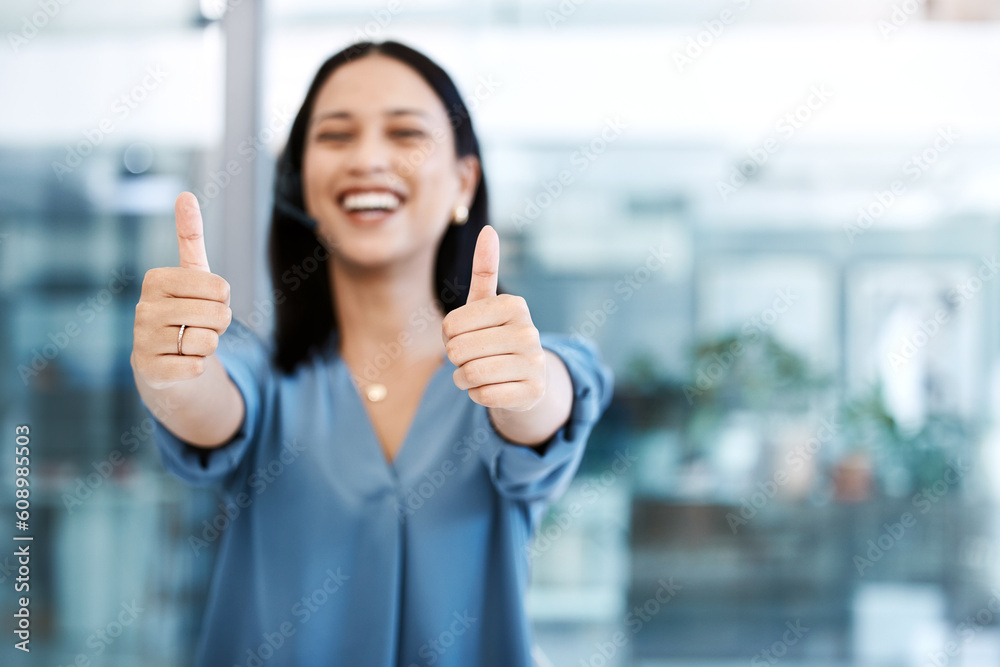 Happy woman, call center and hands in thumbs up for success, winning or approval at office. Portrait of female person, consultant or agent with thumb emoji, yes sign or like for good job at workplace Happy woman, call center and hands in thumbs up for success, winning or approval at office. Portrait of female person, consultant or agent with thumb emoji, yes sign or like for good job at workplace