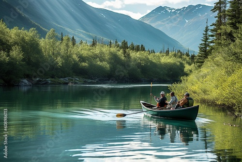 Scenic Canoe Trip - Three Friends on a Mountain Lake - AI Generative