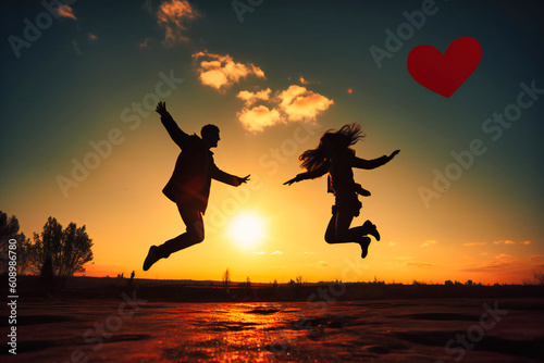 two people jump up with heart shadows in the sky