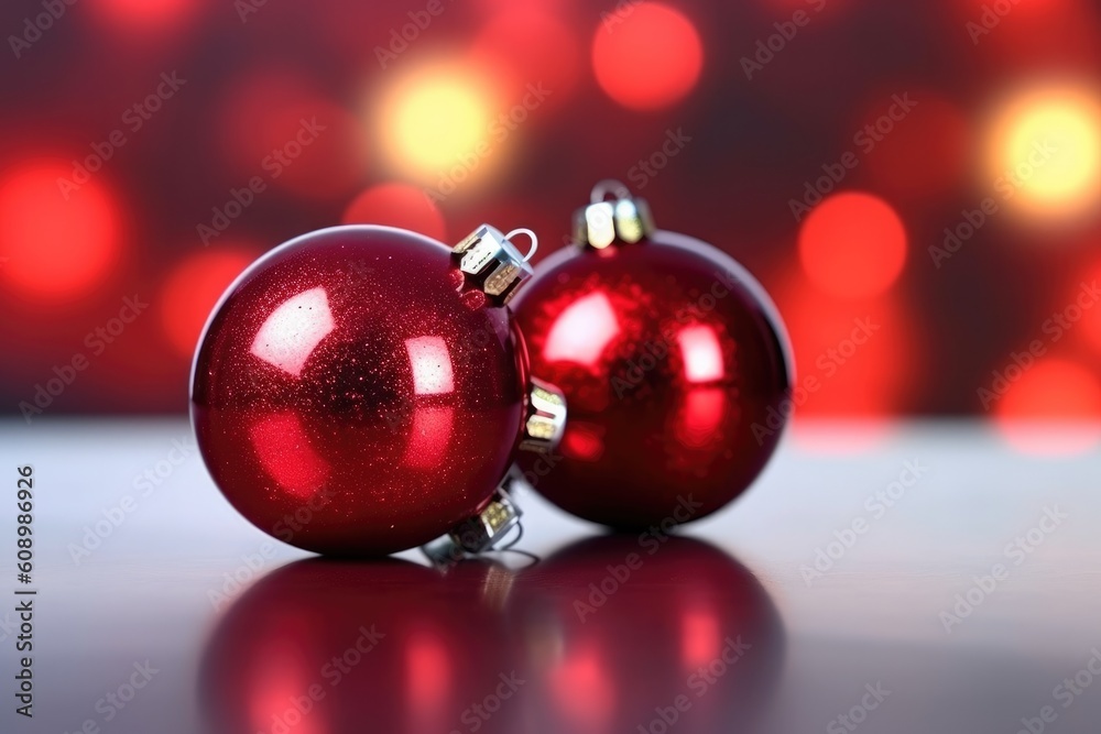 Gift box with red ribbon and red christmas ball in front of bokeh red background. Generative AI Gift box with red ribbon and red christmas ball in front of bokeh red background. Generative AI