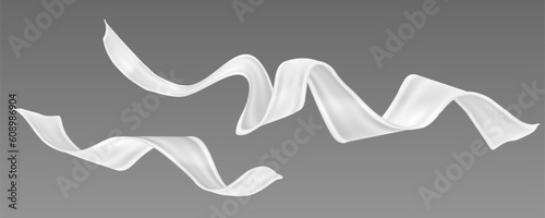3D Flying White Fabric Pieces On Gray