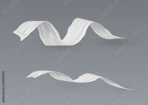 3D Flying White Fabric Pieces On Gray