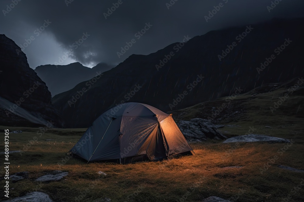 tent in the mountains in the night with rain