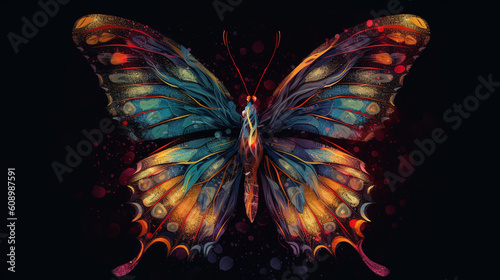 A colorful butterfly with a black background.generative ai