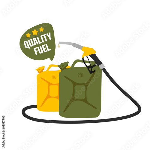 Metal canisters and auto-refueling gun. Message, premium fuel. For concepts of marketing and advertising of gas stations.
