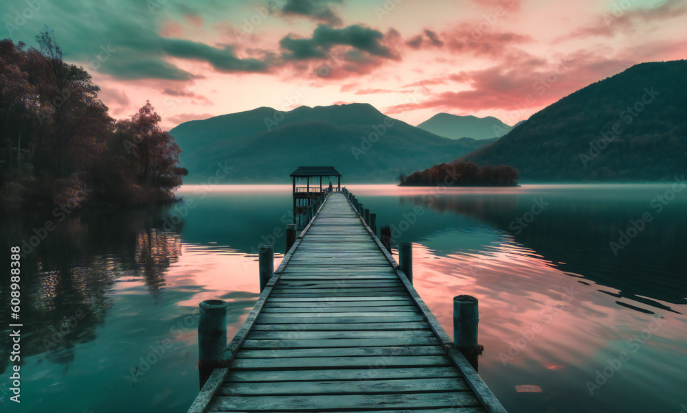 a dock goes out across a lake with mountains in the background