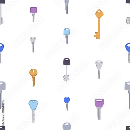 Door keys, seamless pattern. Endless background, texture design with metal locking items. Locksmith repeating print, repeatable backdrop. Printable flat vector illustration for wrapping, textile