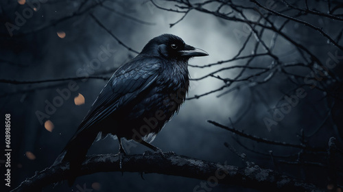 A crow sits on a branch in a forest with icicles hanging from the branches.generative ai