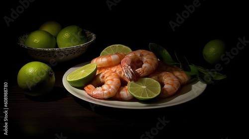 grilled shrimps with lemon and basil.ai ilustation photo