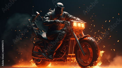 A man riding a motorcycle with a fire burning on the back.generative ai © S...
