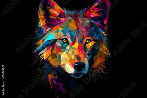 A colorful wolf on a black background. Generative AI.