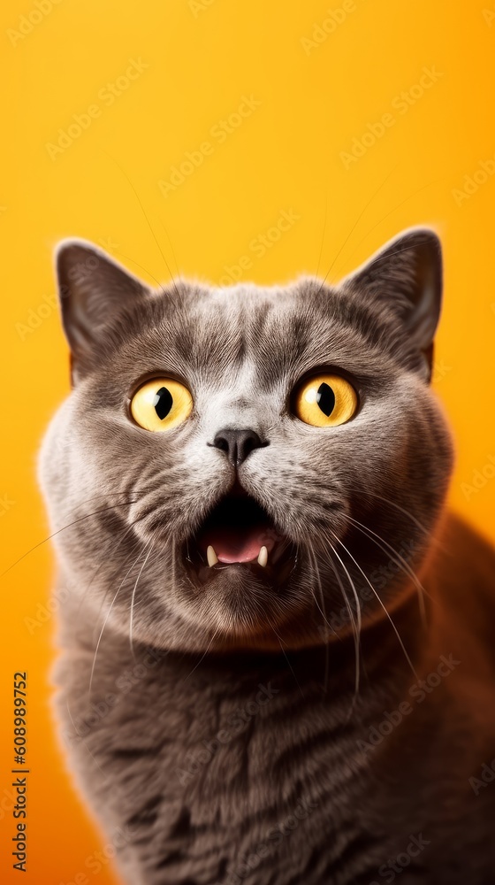 British cat with a surprised expression. A cat on an orange background. Generative AI