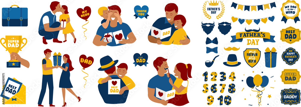 Fototapeta premium Fathers day. Beautiful fathers holds a baby in her arms, men hugs her children. Set of flat icon from design banner or template