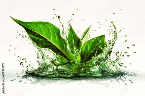 green leaves with a splash of fresh water on a white background