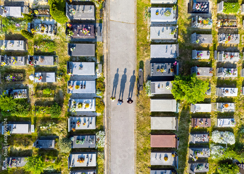 Aerial view of the cemetery. Photo from a drone. Tombs, alleys, park, shade.