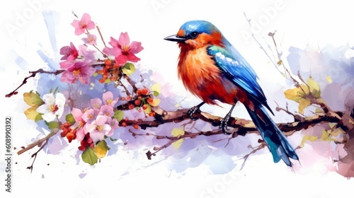 Watercolor drawing of a bird surrounded by colorful flowers on a white background. Generative AI