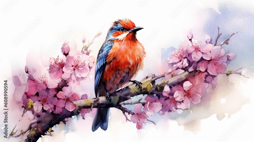 Watercolor drawing of a bird surrounded by colorful flowers on a white background. Generative AI