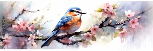 Watercolor drawing of a bird surrounded by colorful flowers on a white background. Generative AI © ColdFire