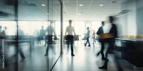 Office workspace with blurred silhouettes of employees. Generative ai.