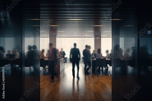Crowd of blurred silhouettes of office workers. Generative ai.