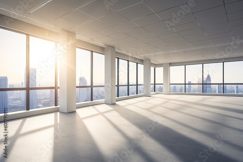 Panorama of a white office in the rays of the sun overlooking the city. Generative ai. © Iryna