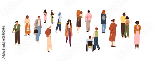 People crowd going, waiting, watching. Inclusive society, couples, families, men and women visitors walking and looking in different directions. Flat vector illustration isolated on white background